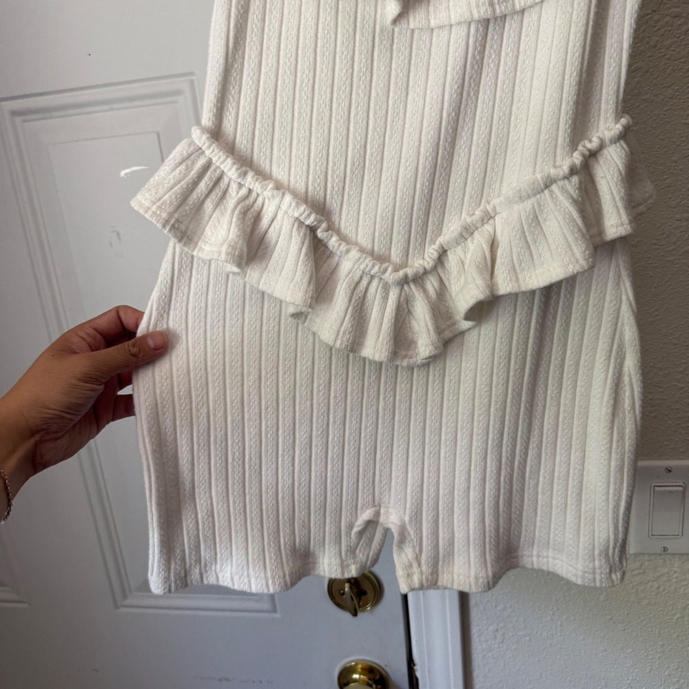 FASHION BRAND COMPANY white ruffle pointelle rib ribbed off shoulder knit romper - Picture 2 of 5